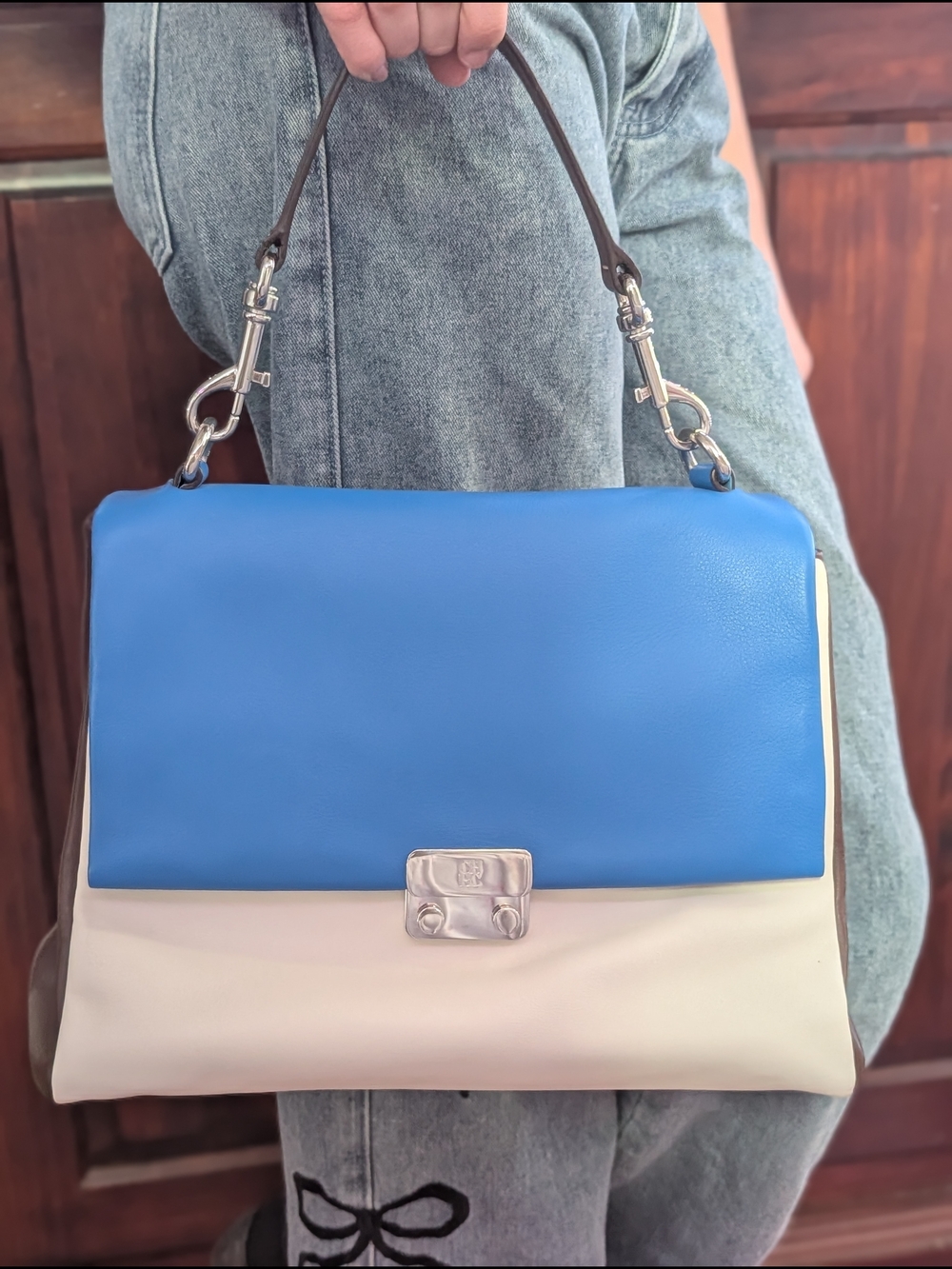 Carolina Herrera Blue and Cream Leather Top-Handle Satchel